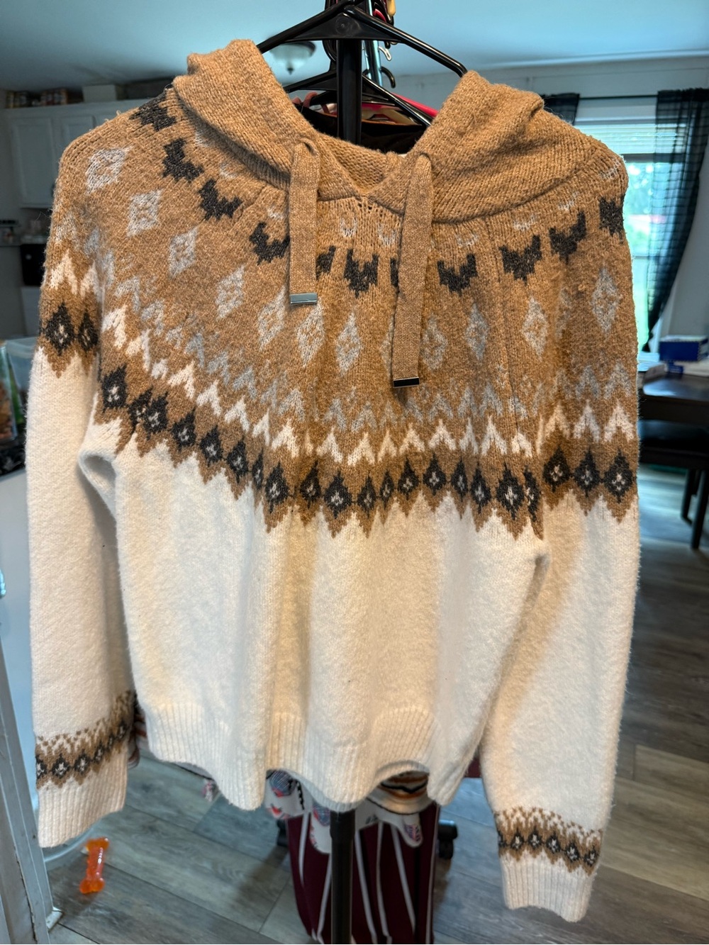 Rachel Zoe Hooded Fair Isle Sweater - Cream & Tan